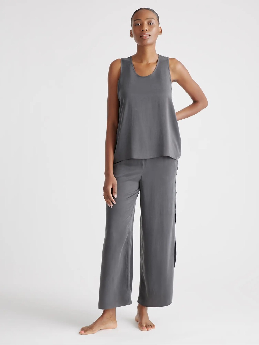Quince Gray Relaxed Silk-Blend Tank & Wide-Leg Pajama Set